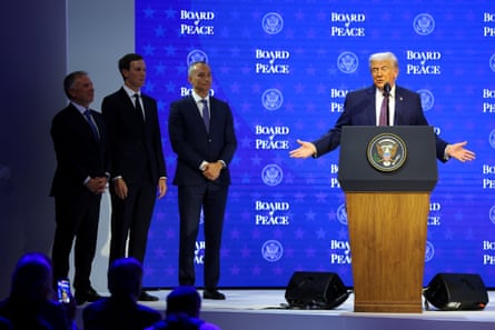 President Trump’s son-in-law, Jared Kushner, Nickolay Mladenov and Steve Witkoff on stage