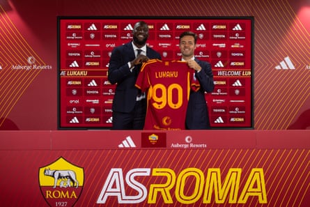 Roma’s new signing Romelu Lukaku is unveiled alongside general manager Tiago Pinto