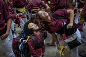 Looking up: Members of the Castellers D’Esparreguera arrive at the 27th Tarragona Competition.