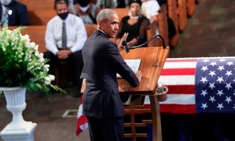 Barack Obama speaks during the funeral of the late congressman John Lewis in Atlanta, Georgia, on 30 July.