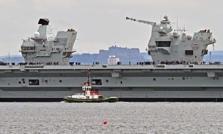 The Royal Navy aircraft carrier HMS Prince of Wales in the Firth of Forth in Scotland.