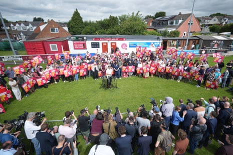 Burnham giving his speech at Ashton Town Football Club.