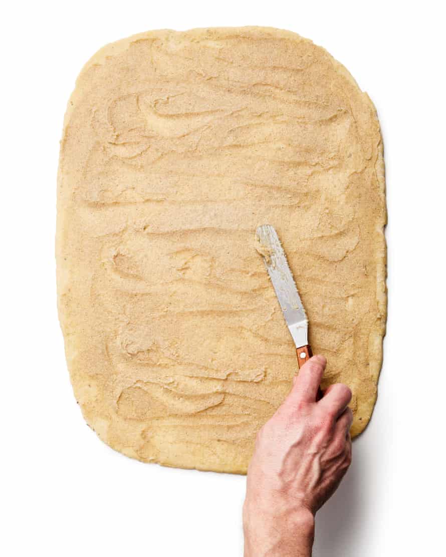 Step 5c: Spread the filling all over the surface (this is easiest with a butter or palette knife, or similar, but you can also use your hands).