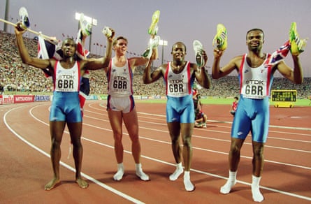 Derek Redmond, Roger Black, John Regis and Kriss Akabusi of Great Britain after winning world championship 4x400m gold in Tokyo in 1991