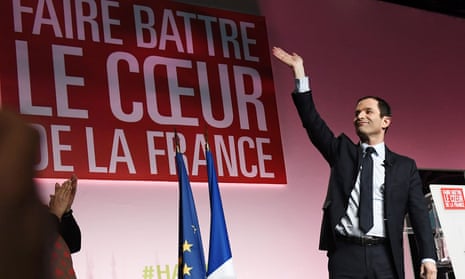 Benoît Hamon waves at a public meeting in Marseille