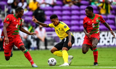 Leon Bailey in action for Jamaica against Suriname.