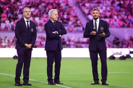 Sir David Beckham, Co-owner of Inter Miami CF, speaks next to Jose Mas, Co-owner of Inter Miami CF, and Jorge Mas, managing owner of Inter Miami CF, prior to the MLS match between Inter Miami CF and Austin FC at Nu Stadium on April 04, 2026 in Miami, Florida.