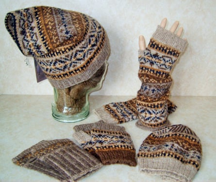 Fair Isle knitwear including gloves and hats in brown tones.
