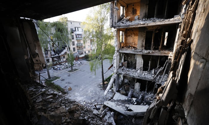 The heavily damaged military housing site in Hostomel, Ukraine.