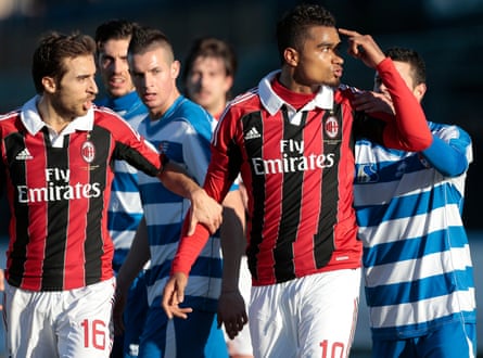 Boateng gestures towards the crowd after racist chants directed at Milan’s black players from Pro Patria fans