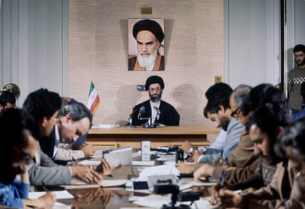 Hojatoleslam Seyed Ali Khamenei, then president of Iran, at a press interview on 8 November 1982.
