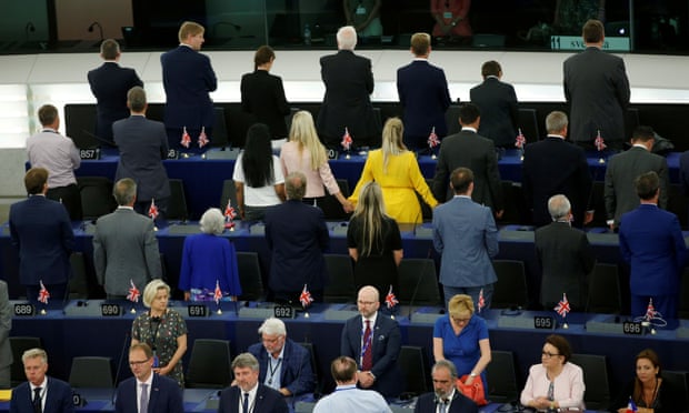 Brexit party members turn their back as the EU anthem, Ode to Joy, is played