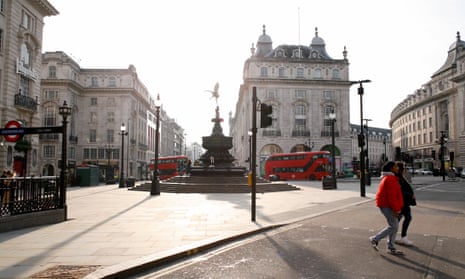 A near-deserted Piccadilly Circus in London, on 8 March 8, 2021. 