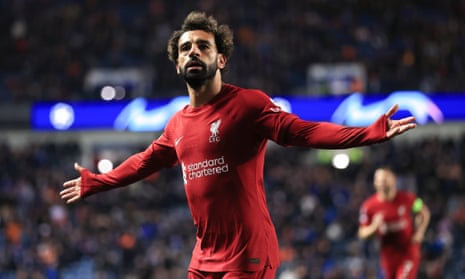Mohamed Salah celebrates his third goal – and Liverpool’s sixth – of the night at Ibrox.