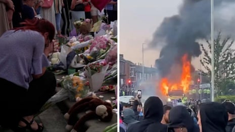 Southport: police clash with protesters while hundreds mourn for stabbing victims – video report