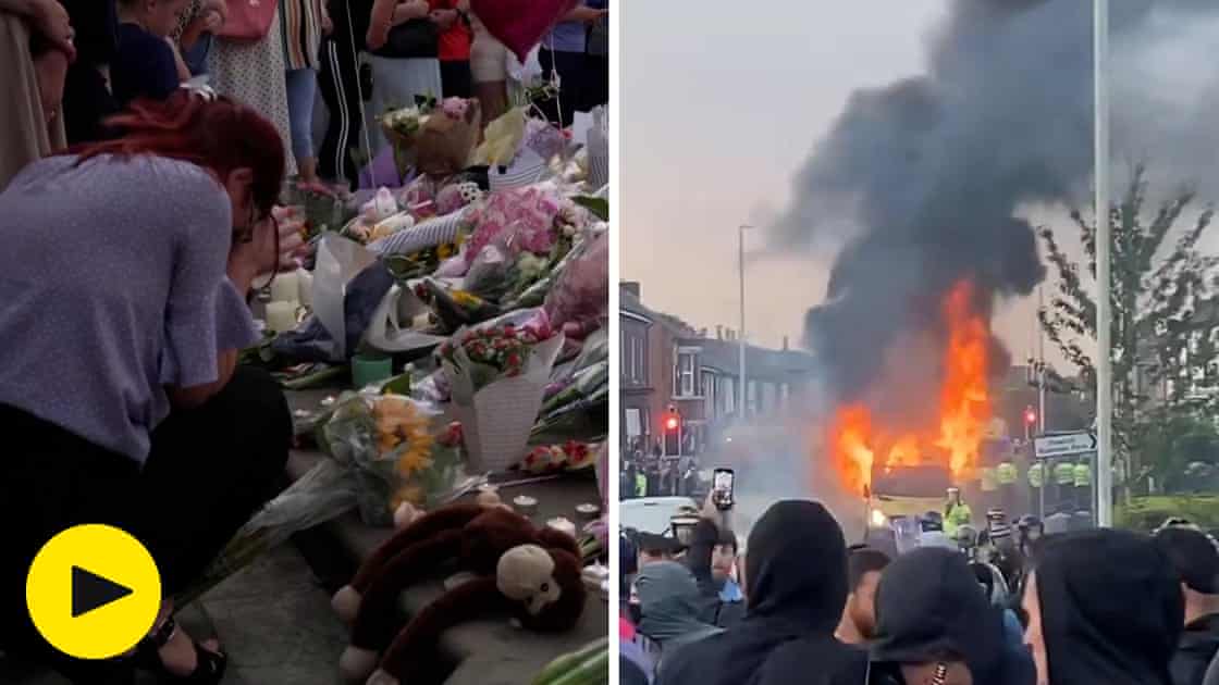 Southport: police clash with protesters while hundreds mourn for stabbing victims – video report