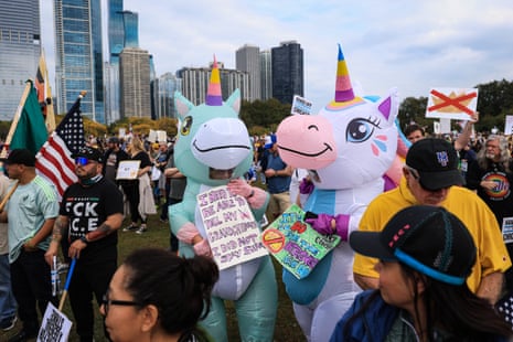 Protesters wearing unicorn costumes in Chicago, Illinois.