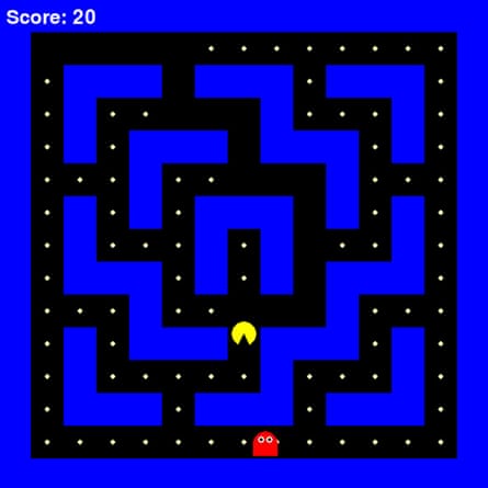 A square box, black and blue coloured, with small white dots and yellow Pac-Man and a red ghost in a clone of a Pac-Man game.