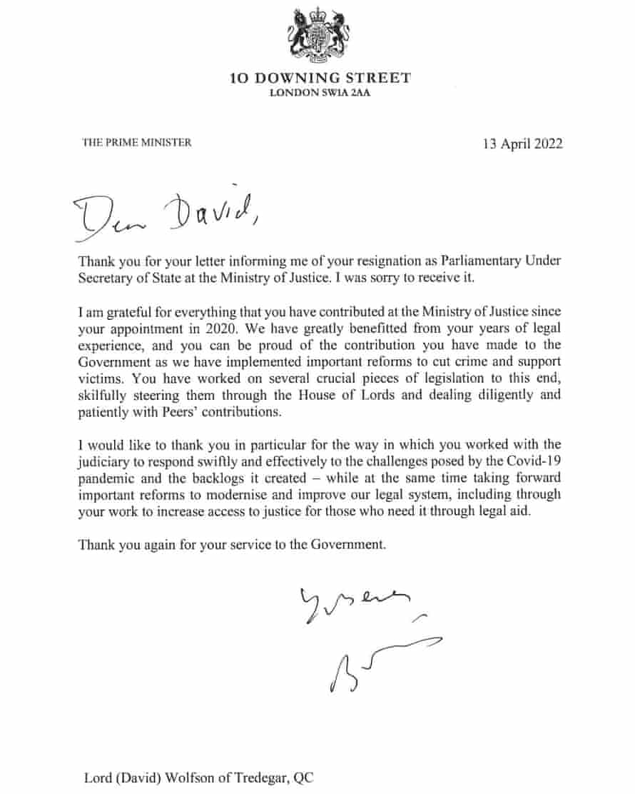 Carta del Primer Ministro a Lord Wolfson