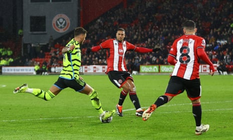 Ben White scores their sixth goal at Sheffield United.