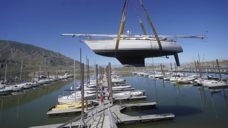 Sailboats are hoisted out of the water at the Great Salt Lake Marina on 3 June 2021.