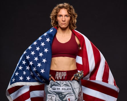 Hannah Rapp with the US flag around her shoulders