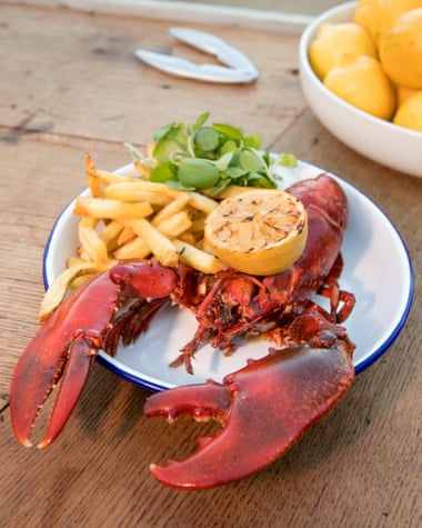Lobster and chips at the Hidden Hut, Cornwall.