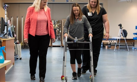It took Kelly Thomas 15 weeks, and 81 sessions of electrical stimulation, to learn to walk again.