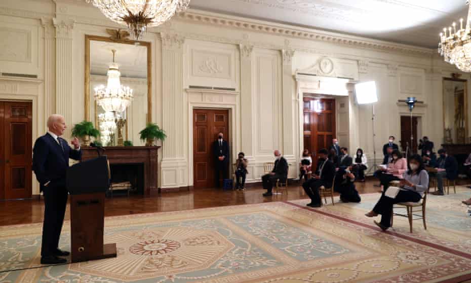 Biden holds a socially distanced media conference with representatives of the White House press corps.