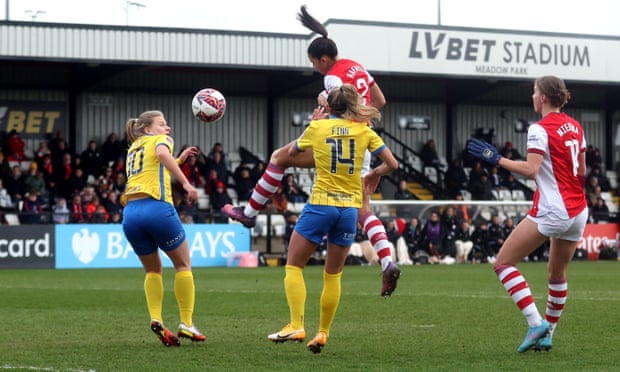 Rafaelle Souza climbs highest to open the scoring for Arsenal against Birmingham at Meadow Park