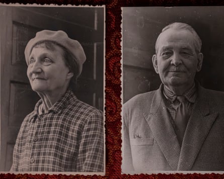 Faded black and white pictures of an older couple dressed in jackets