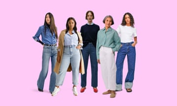 A group of female models wearing different styles of denim jeans