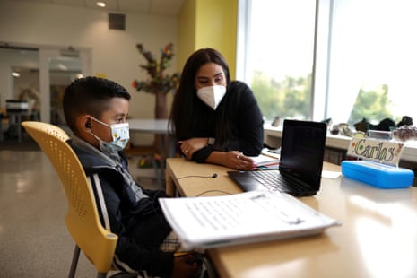Carlos Sauceda, 6, studies online schoolwork at California Hospital Medical Center’s Hope Street Margolis Family Center, amid the global outbreak of coronavirus, in Los Angeles, California, US, 9 September, 2020.