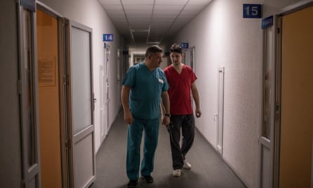 Two medics at Khakiv regional hospital where people injured in Russian attacks on Kupiansk are treated.