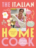 A book cover with the title, The Italian Home Cook, in colourful block text on a pink background, with an image of cook Silvia Colloca stretching dough.