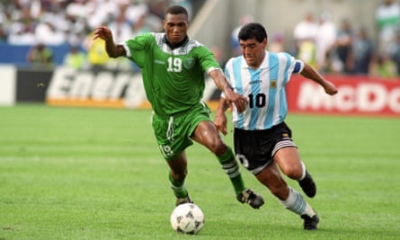 Nigeria’s Michael Emenalo tussles with Argentina’s Diego Maradona at the 1994 World Cup.