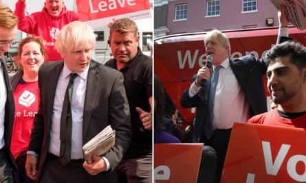 Richard Goulding playing Boris Johnson on TV, left, and, right, Johnson during the Leave campaign, May 2016.