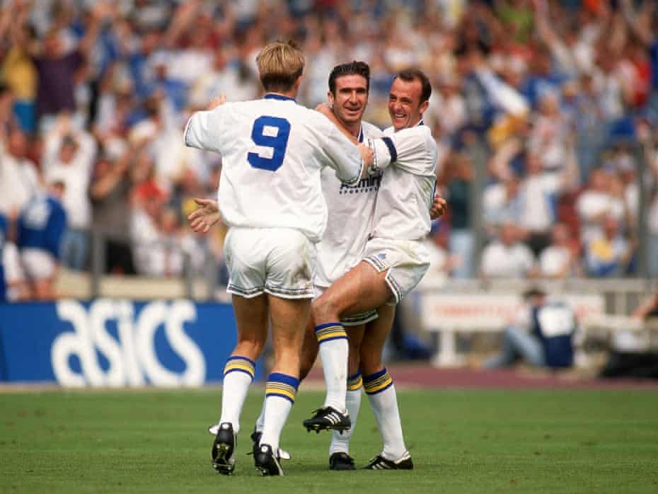 Eric Cantona of Leeds United celebrates v Liverpool in the 1992 charity shield.