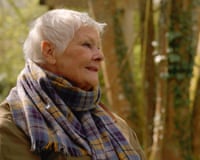 Wearing a brown coat and a purple-and-yellow tartan scarf, she looks wistfully into the distance, with trees in the background