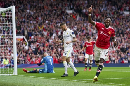 Fred celebrates his goal during Manchester United’s rout of Leeds.