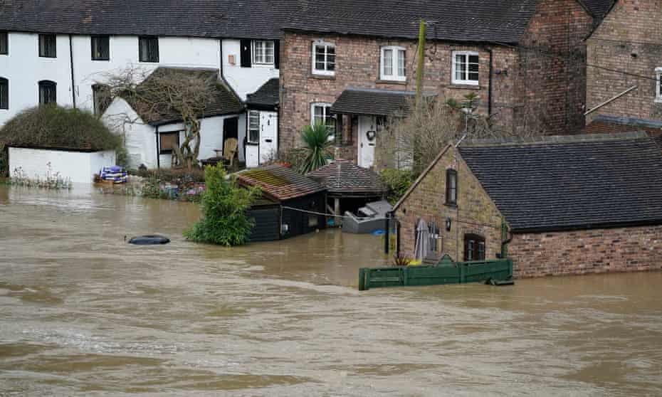 Homes are flooded on the banks of the River Severn following Storm Dennis on February 18, 2020 in Ironbridge, England. Storm Dennis is the second named storm to bring extreme weather in a week and follows in the aftermath of Storm Ciara. Although water is residing in many places flood warnings are still in place. (Photo by Christopher Furlong/Getty Images)