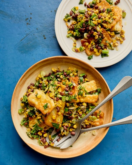 Rukmini Iyer’s charred maize crockery pinch halloumi, tenderstem and achromatic beans.