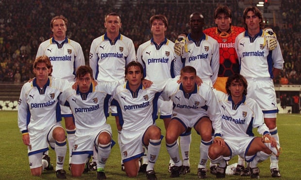Gianluigi Buffon (back row, second from right) and Enrico Chiesa (front row, second from left) in action for Parma in 1997-98