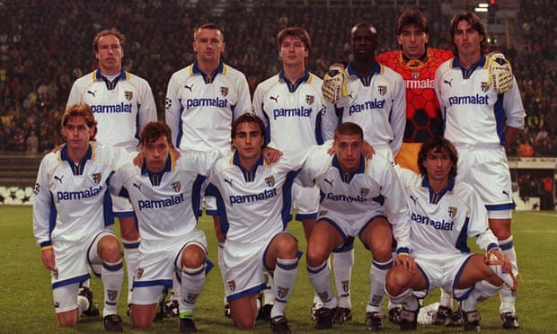 Gianluigi Buffon (back, second from right) and Enrico Chiesa (front row, second from left) in action for Parma in 1997-98