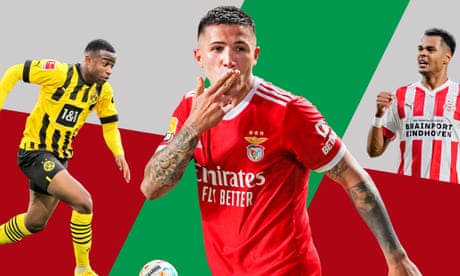 Left to right: Youssoufa Moukoko of Borussia Dortmund, Benfica’s Enzo Fernández and Cody Gakpo of PSV Eindhoven