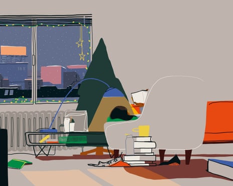 Illustration by Maria Grejc showing books in a modern living space with a Christmas tree