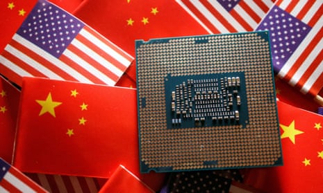 Illustration picture of Chinese and US flags with semiconductor chip
