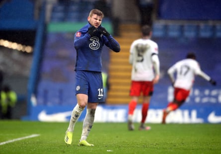 Chelsea’s Timo Werner reacts after missing a penalty against Luton