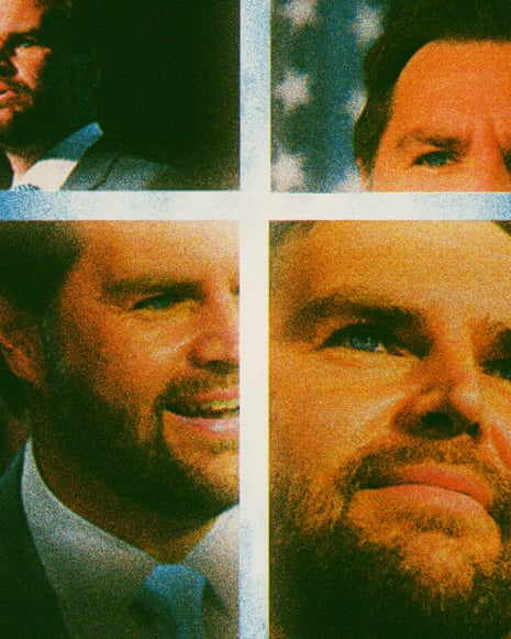 Collage of JD Vance’s face shown in four cropped panels, forming a cross at the center.