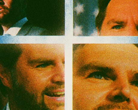 Collage of JD Vance’s face shown in four cropped panels, forming a cross at the center.